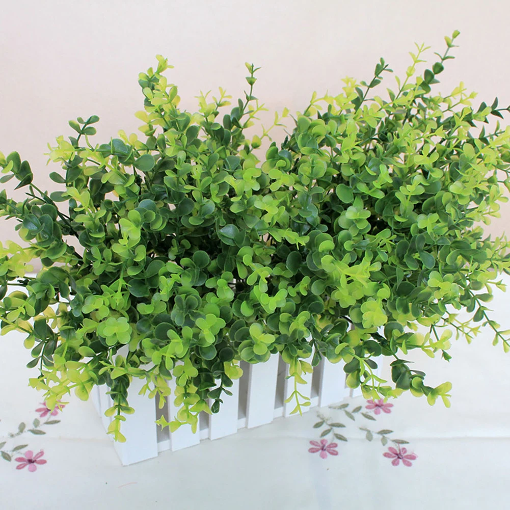 1PC 7 Fork Plastic Artificial Grasses Artificial Eucalyptus Fake Boxwood Stems for Farm Home Garden Patio Wedding Decoration