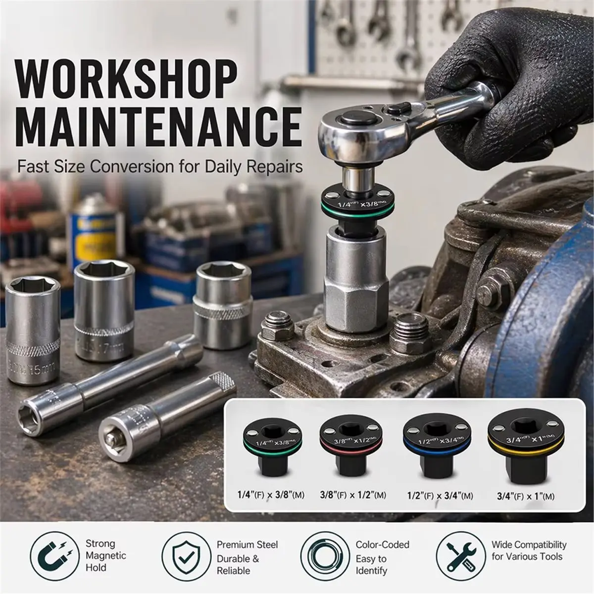 Low Profile Impact Socket Adapter Set, 4PC Stubby Drive Ratchet 3/8