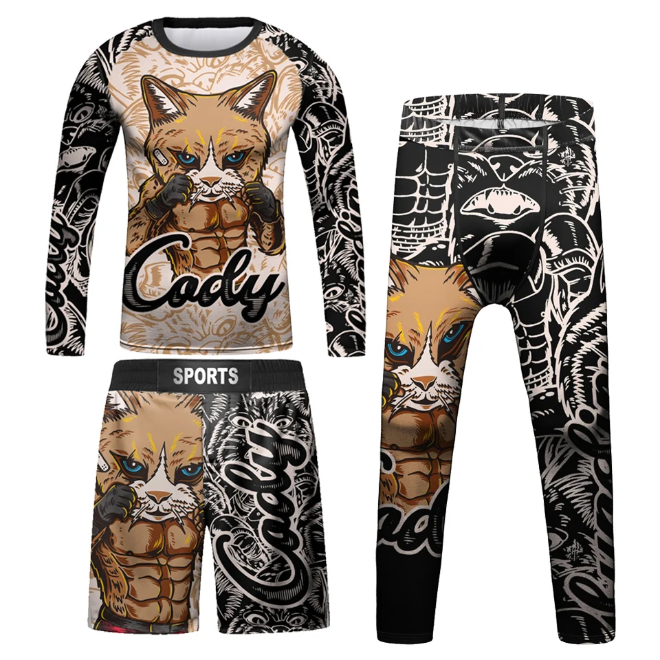 Conjunto de camiseta y pantalón de KickBoxing para niños, pantalones cortos de Muay Thai, ropa de compresión, Bjj, Rashguard Jiu