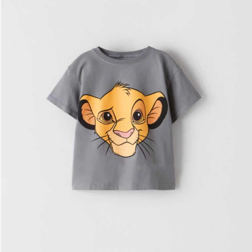 Simba Cartoon Pattern T-shirt Summer Boy Clothing Short Sleeved Tops Children's Clothes Loose Casual Tees Crewneck Kids T Shirts