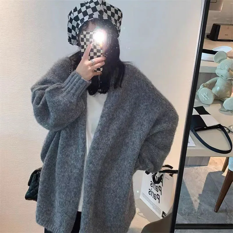 Autumn Winter Thicken Warm Women Cardigan Sweater Korean Lazy Wind Soft All Match Cardigans Tops Solid Loose Knitted Coats