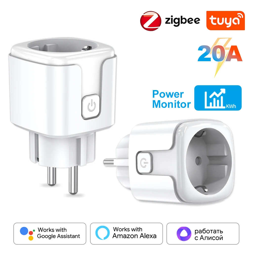 Tuya Zigbee Smart Socket Spina europea 20A con misurazione della potenza Alexa Voice Mobile APP Controllo remoto Google Home Yandex Alice