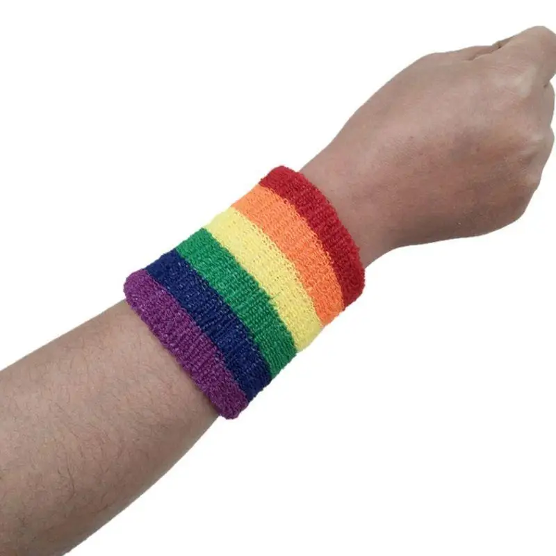 

39BD Women Men Sports Wristbands Towel Sweatband Rainbow Colorful Stripes Breathable