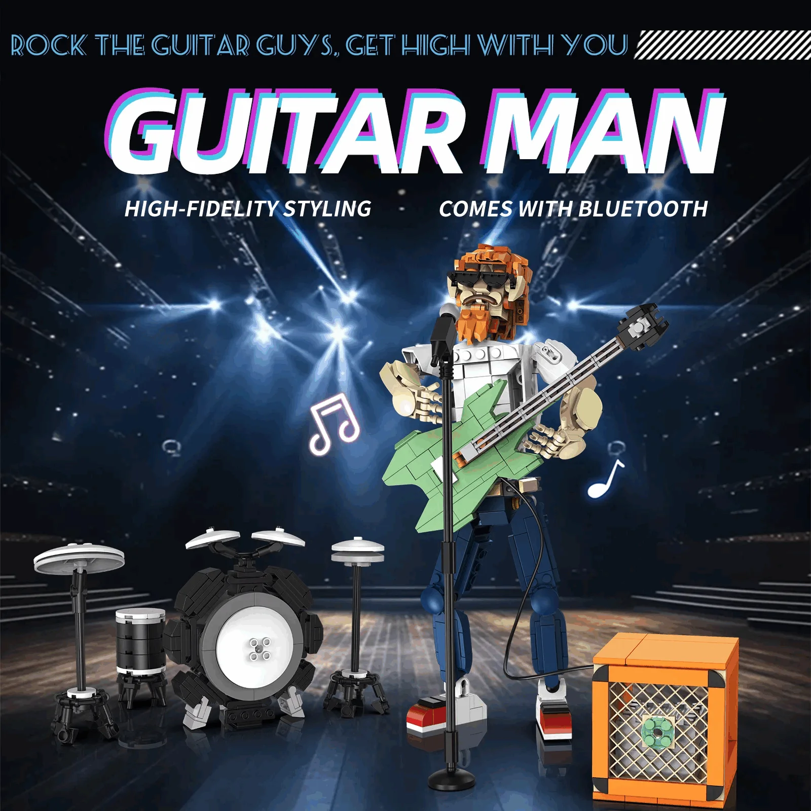 Artist Electric Guitar Building Kit - 721pcs Blue-tooth APP Controlled Music Playback DIY Brick Model with Speaker for Adults