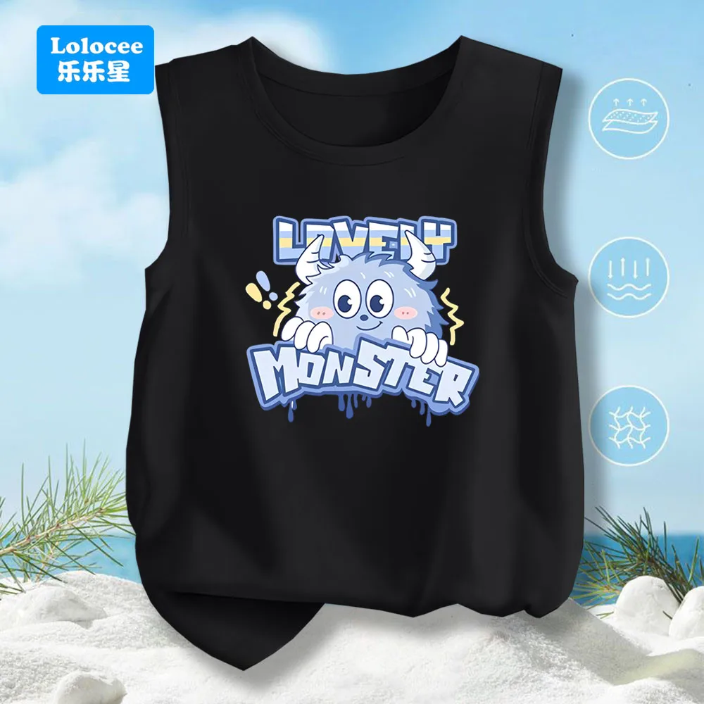 2025 Summer Boys' Vest T-shirt Lovely Monster Print Fashion Streetwear Tank Top Kids Sleeveless T-shirt Top GSLS1