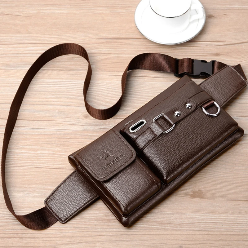 Sports Mens Waist Bag Multifunction Chest Bags Casual Messenger Belt Bags For Men PU Leather Crossbody Packs Phone Small Pouch