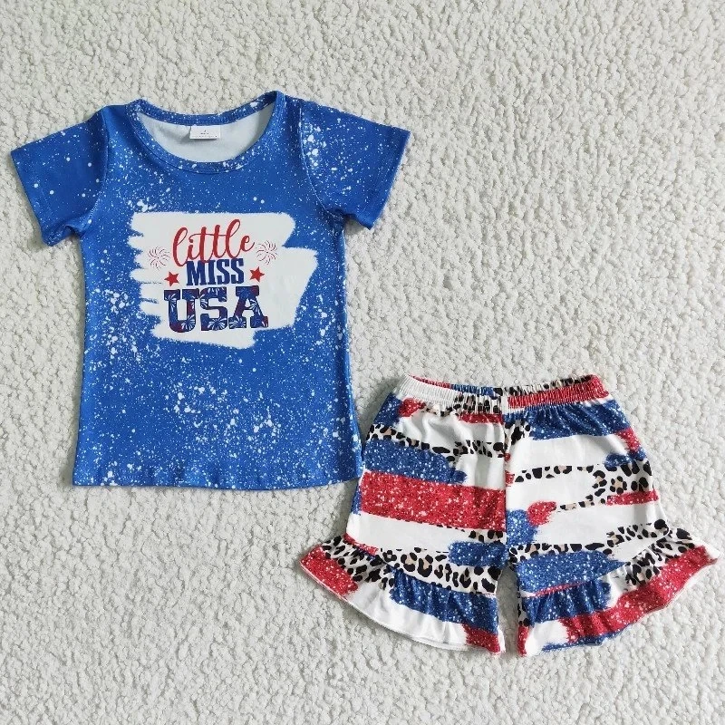 

July 4th Kids Summer Set Children Short Sleeves Blue Shirt Ruffle Leopard Shorts Wholesale Baby Girl Outfit Clothes