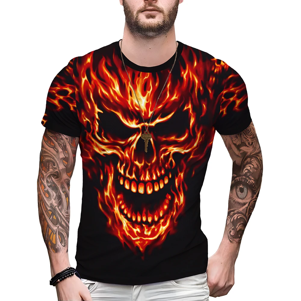 

3D Digital Print Flame Skull Men's T-shirt Polyester Regular Round Neck Short Sleeve Clothing Popular Retro Fire Streetwear