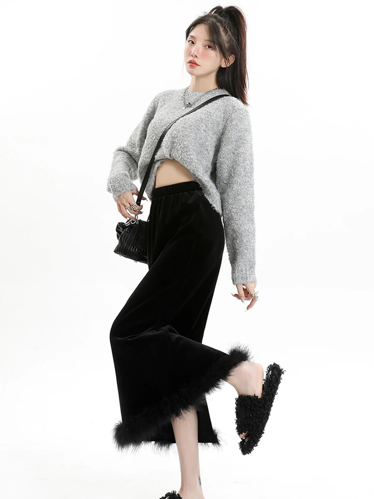 2024 Women Plush Elastic Waist Black Velour Skirt Autumn Winter New Advanced Sense Fashion Split Wrap Buttocks A-Line Long Skirt