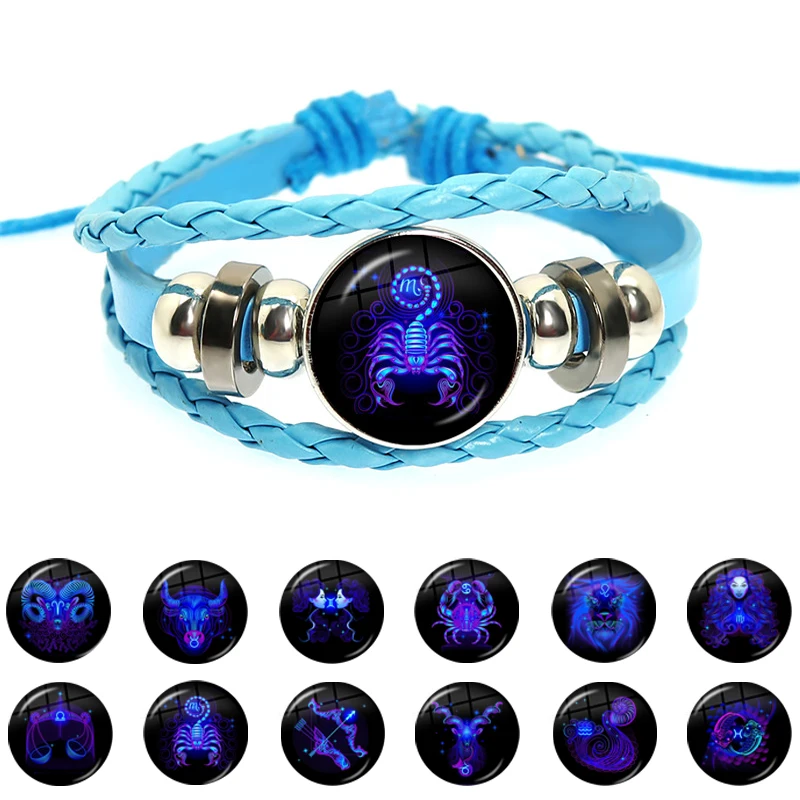 12 Zodiac Signs Constellation Charm Bracelet Men Women Fashion Multilayer Blue Weave Leather Bangle Birthday Gifts