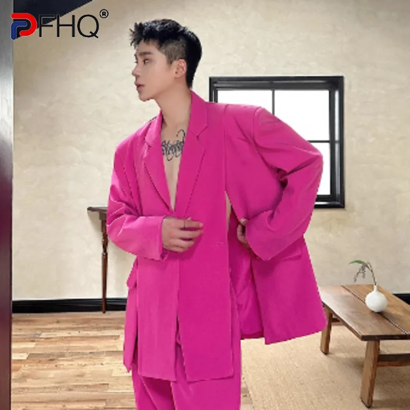 PFHQ Autumn Minimalist Casual Male Suit Personalized Slit Blazer Temperament Straight Leg Pants Handsome Two Piece Set 9C7239