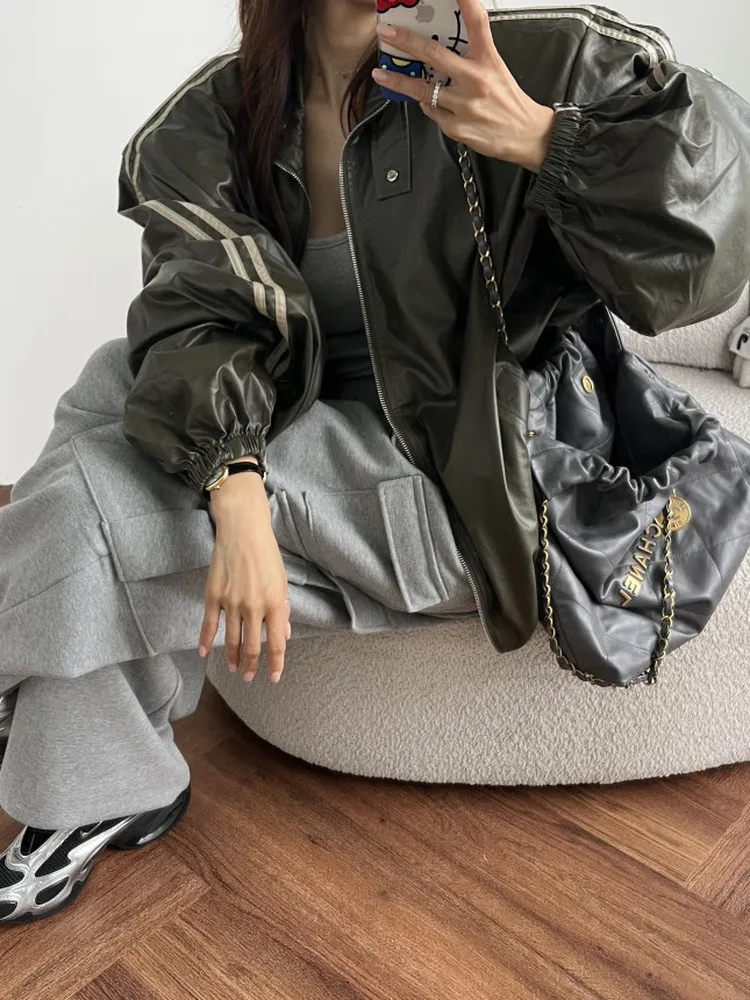 Slimming PU Leather Jaet Women's Loose Biker Sle Stand Collar Double Bar Outerwear Faionable Casual Loose Fit Ladies' Coat