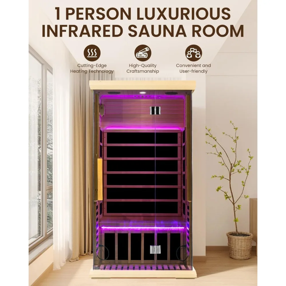 Far Infrared Sauna Spa with Bluetooth Speakers，LCD Control Panel，Glass Door，7 Colors Lighting，Low EMF Wooden Dry Sauna Room