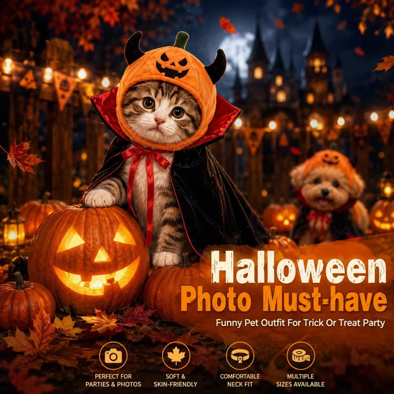 Halloween Pet Costume Pumpkin Hat Vampire Cape Set for Cats Dogs Funny Cosplay Party Dress Up Outfit