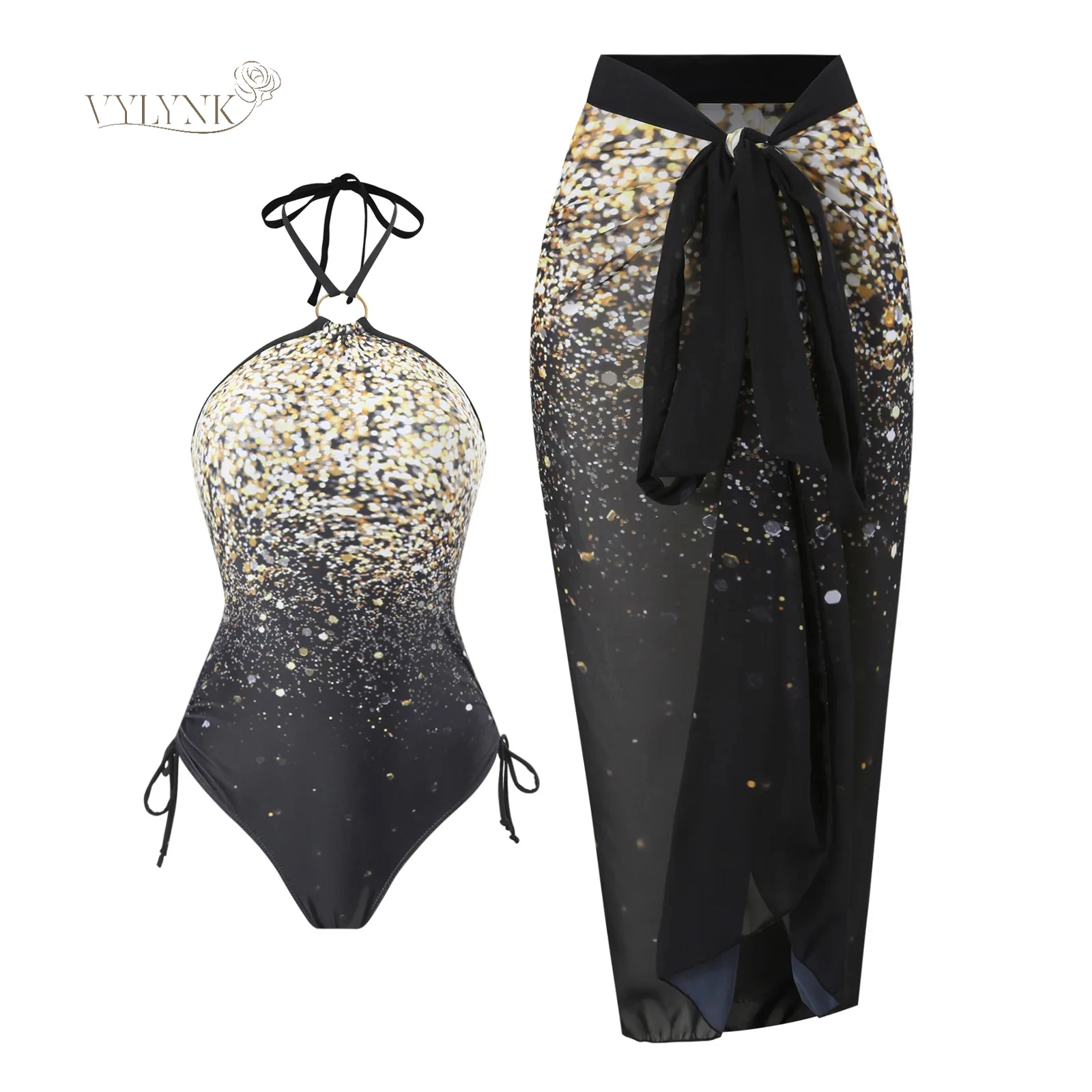 

2024 Women Shiny Spandex Swimsuit One-Piece Retro Swimwear Set Sexy Beachwear Vacation Bathing Suit High-Quality Cover-Up Dress