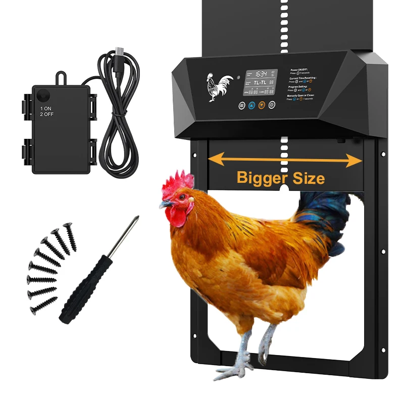 

Large size automatic chicken coop door, battery powered aluminum, with anti pinch function, timer and LCD display
