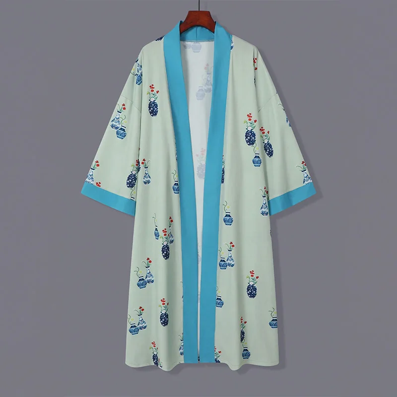 الأوروبية والأمريكية فضفاضة الرجعية أنيقة حجم كبير منتصف طول مطبوعة كيمونو سترة الصيف التعادل متابعة يوكاتا ثوب النوم الشاطئ الشمس حماية التستر سترة