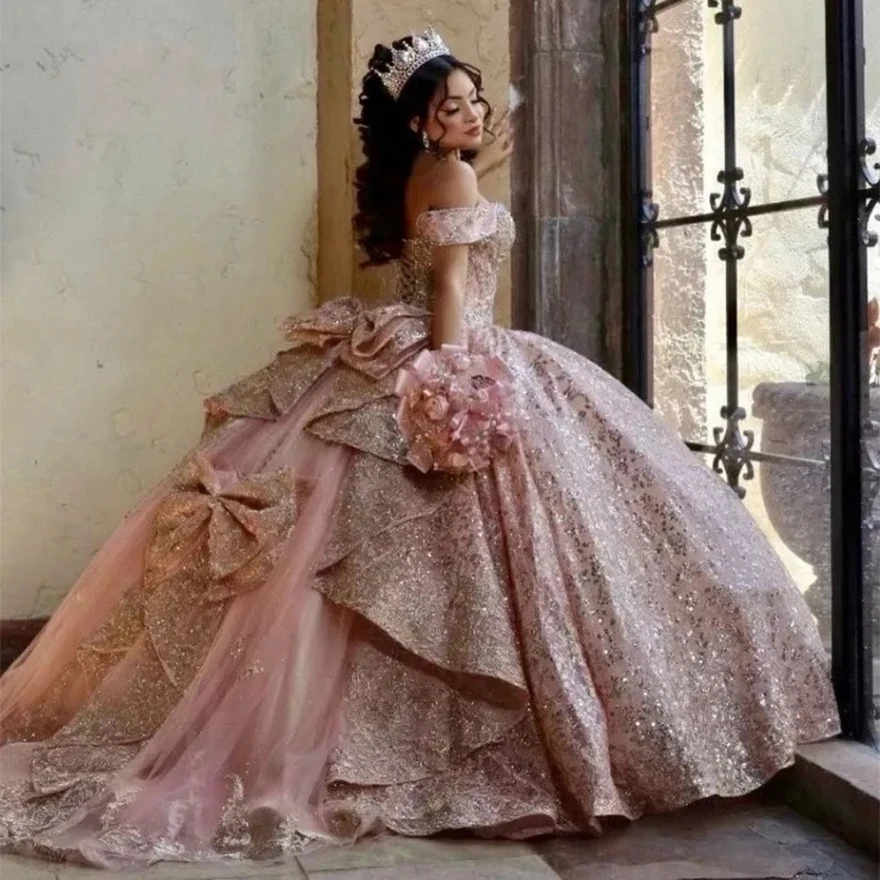 

Розовое платье Quinceanera с вырезом в форме сердца Sweet 16, 2024, блестящее кружевное бальное платье принцессы с аппликацией и блестками, Vestidos De 15 Anos