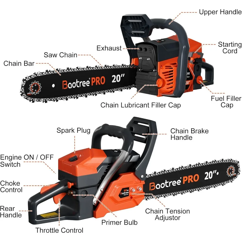 منشار غاز 62cc، منشار كهربائي احترافي مقاس 20 بوصة مع محرك ثنائي الدورة ونظام مضاد للاهتزاز، تقنية البداية السريعة لـ Tree Cu