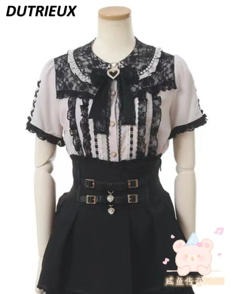 봄과 가을 새로운 진주 레이스 사랑 수 놓은 탑 분리형 긴 소매 광산 시리즈 대량 생산 달콤한 귀여운 셔츠