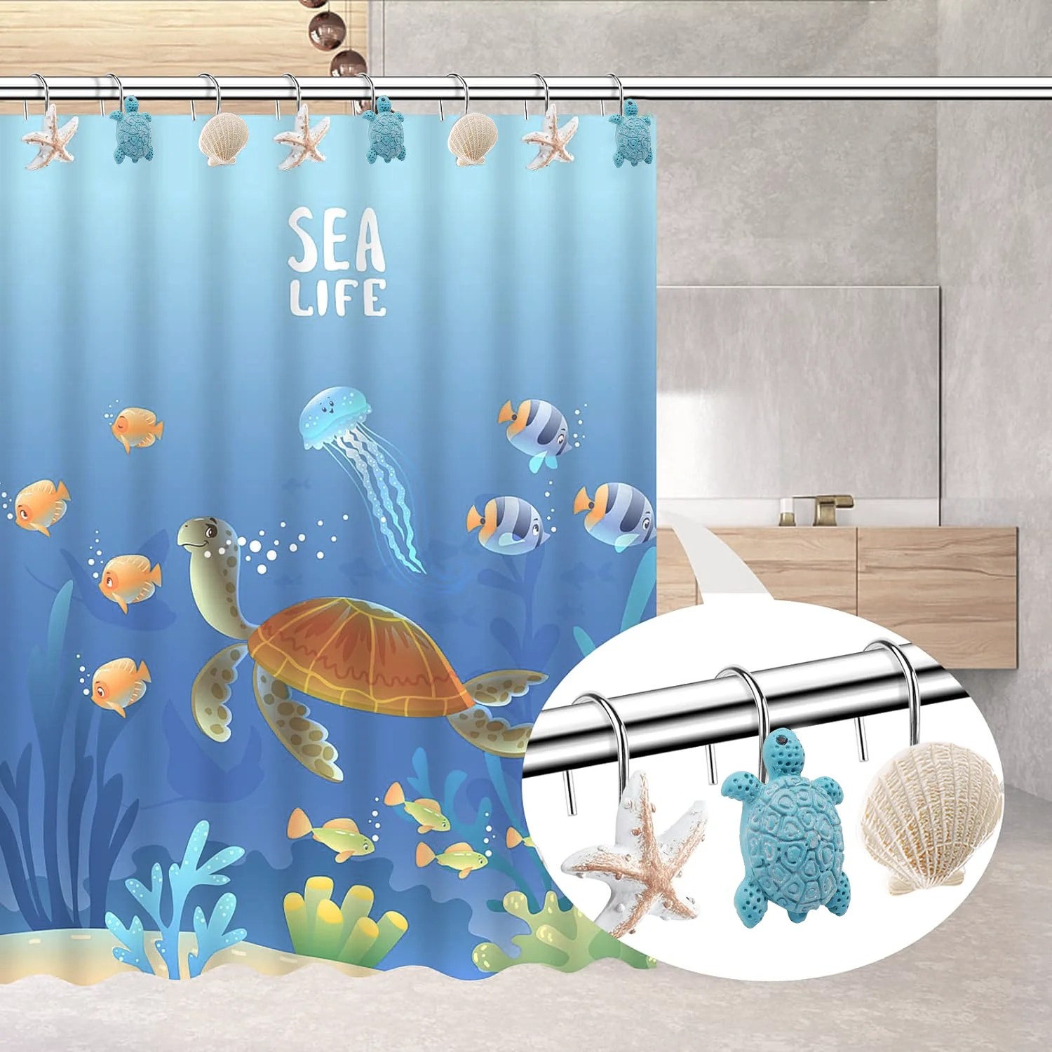 12PCS Seashell Turtles Shower Curtain Hooks Rings