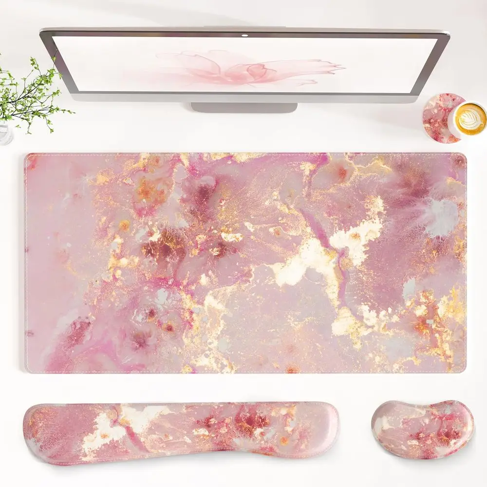 4-in-1 Leather Desk Mat Set with Wrist Rests - Pink Marble Style Office Decor