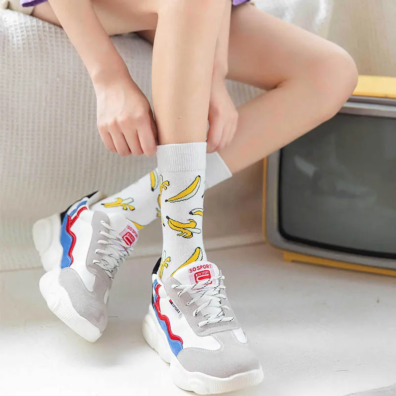 Creative High Quality Fashion Harajuku Kawaii Happy Socks Women Banana fruit Strawberry Animal Print Funny Socks Flame socks