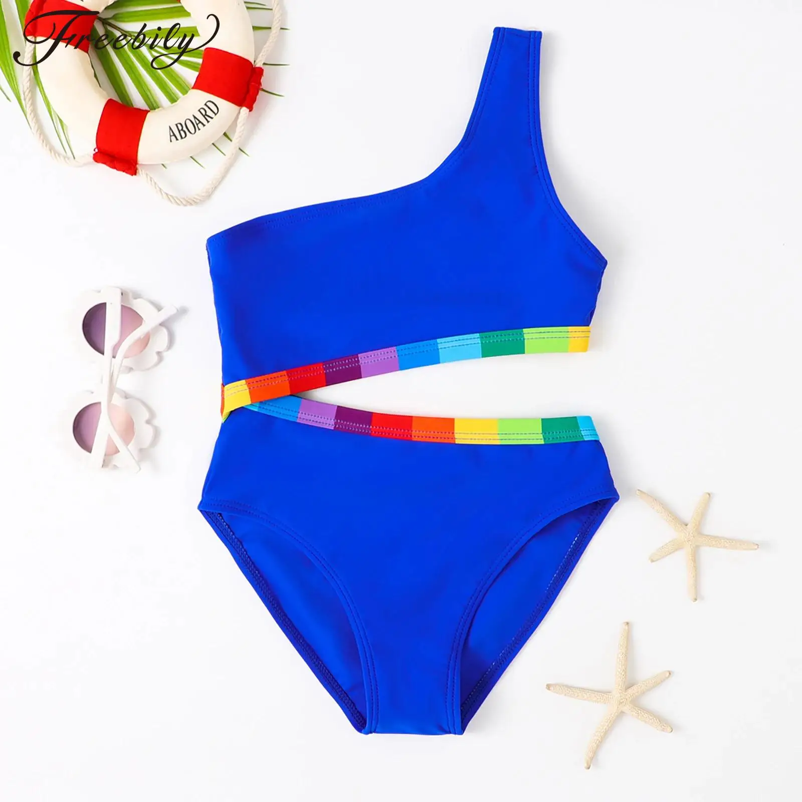 

Kids Girls One Piece Swimsuit Sleeveless Cut Out Swimwear Bathing Suit Rainbow Color Bodysuit Beachwear Summer Hawaiian Outfits