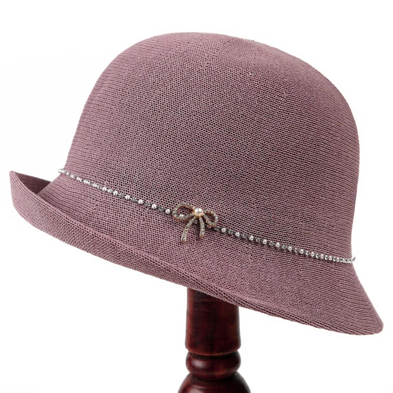 Sunshade Billycock Women's Fashion Elegant Rhinestone Temperament Fisherman Hat Sun Protection Curling Hemp Qu Bucket Hat