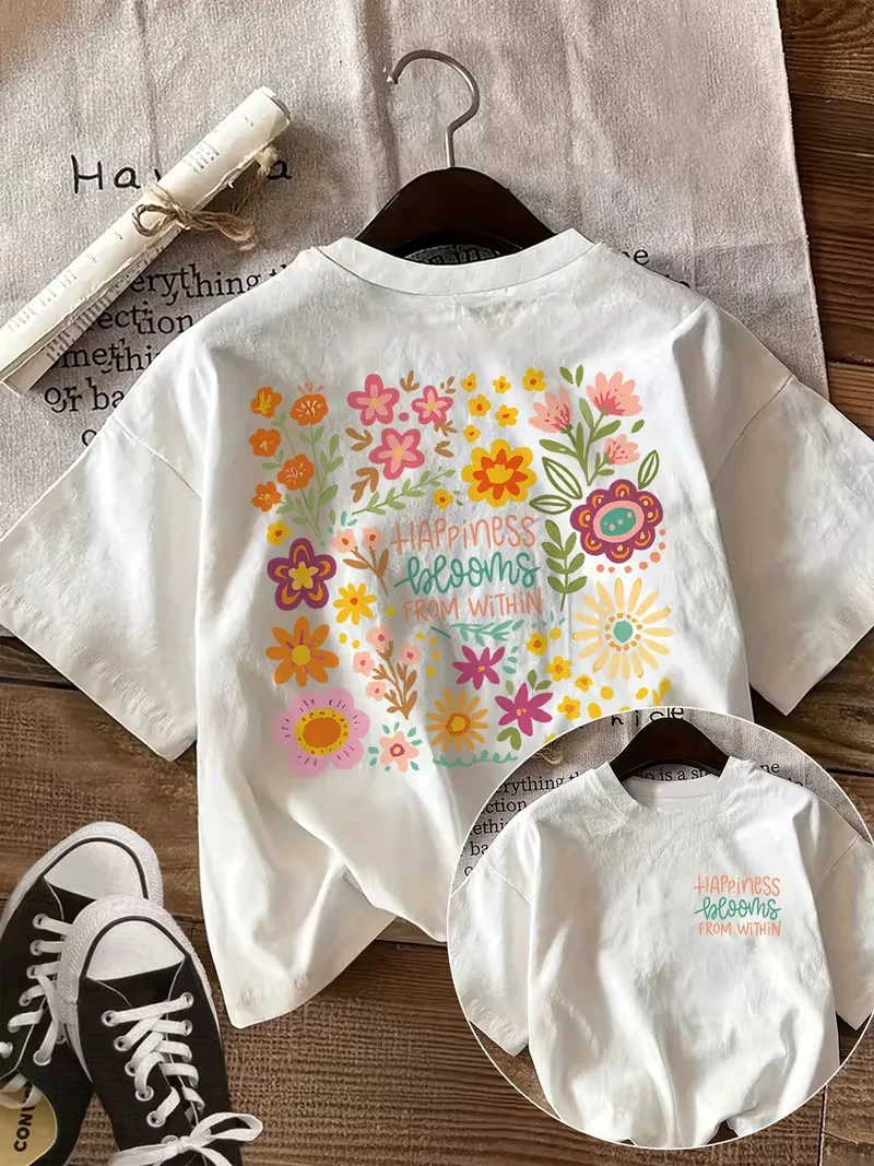 Women's Trendy Happiness Flower T-Shirt, Cute Double-Sided Print Crew Neck Tee, Casual Short Sleeve Top for Spring Summer