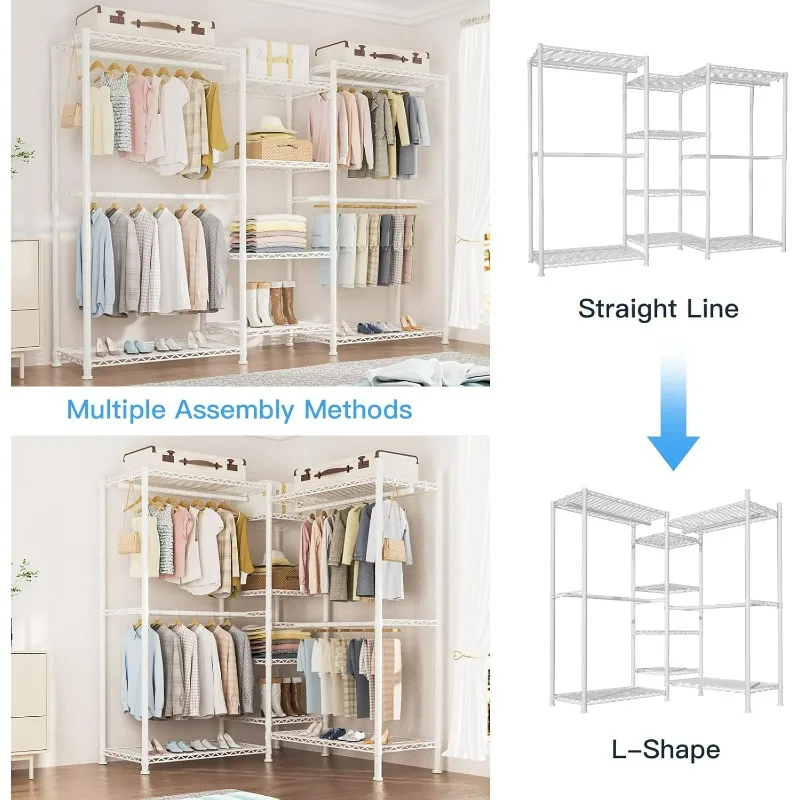 Ulif E4 Garment Rack, Freestanding Closet Organizer and Storage System, Heavy Duty Clothing Wardrobe with 8 Shelves and 4 Hanger