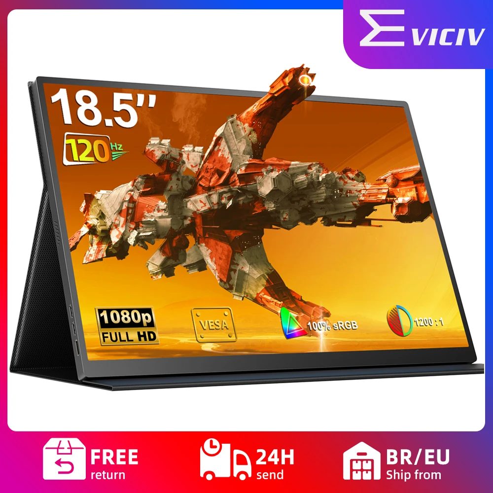 

Портативный монитор EVICIV 18,5 дюймов 120 Гц 100% sRGB 1080P с игровым дисплеем Vesa FreeSync IPS HDR, второй экран для путешествий, игровой консоли, ноутбука, телефона, планшета