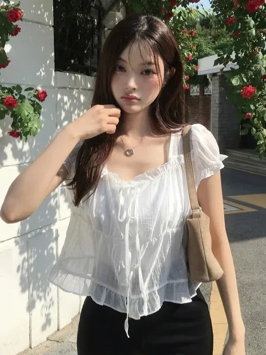 

Sweet Anti-Aging Gentle Pleated Waist Short Sleeve Women's Korean Style Cute Versatile Shirts Chiffon Blouse Wood Grain