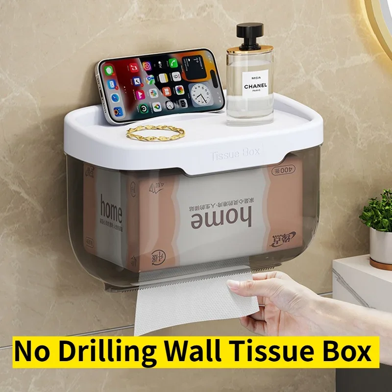 No Drill Wall Mounted Toilet Tissue Box Waterproof Bathroom Paper Holder Storage Rack Toilet Roll Paper Dispenser for Bathroom