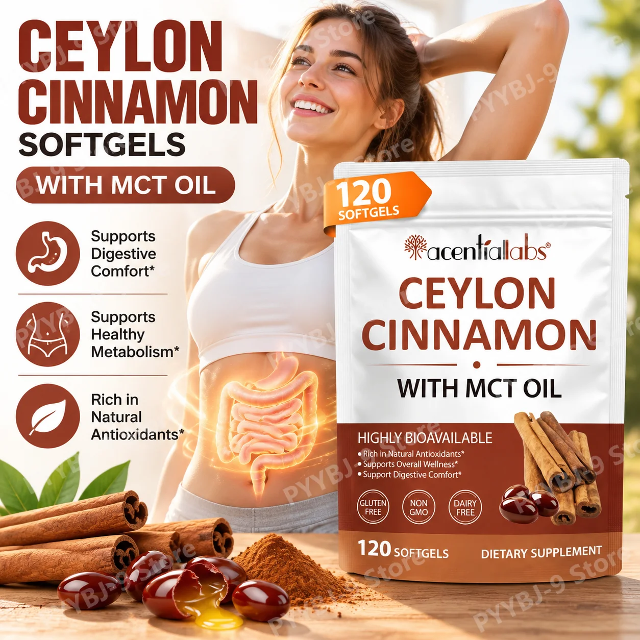 Acentiallabs Premium Ceylon Cinnamon Softgels Antioxidant Digestive Promoting Anti Fatigue Metabolic Support for Adults,120 Pcs