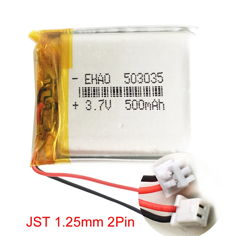 3.7V 500mAh 503035 + JST 1.25mm 2Pin Plug Lithium Polymer LiPo Rechargeable Battery For GPS Bluetooth Recorder Headphone mp3 mp5