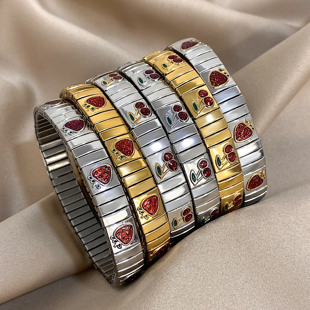 Stainless Steel Elastic Bracelet Bangle for Women Men Red Enamel Strawberry Cherry Bracelet Classic Watch Chain Golden Jewelry