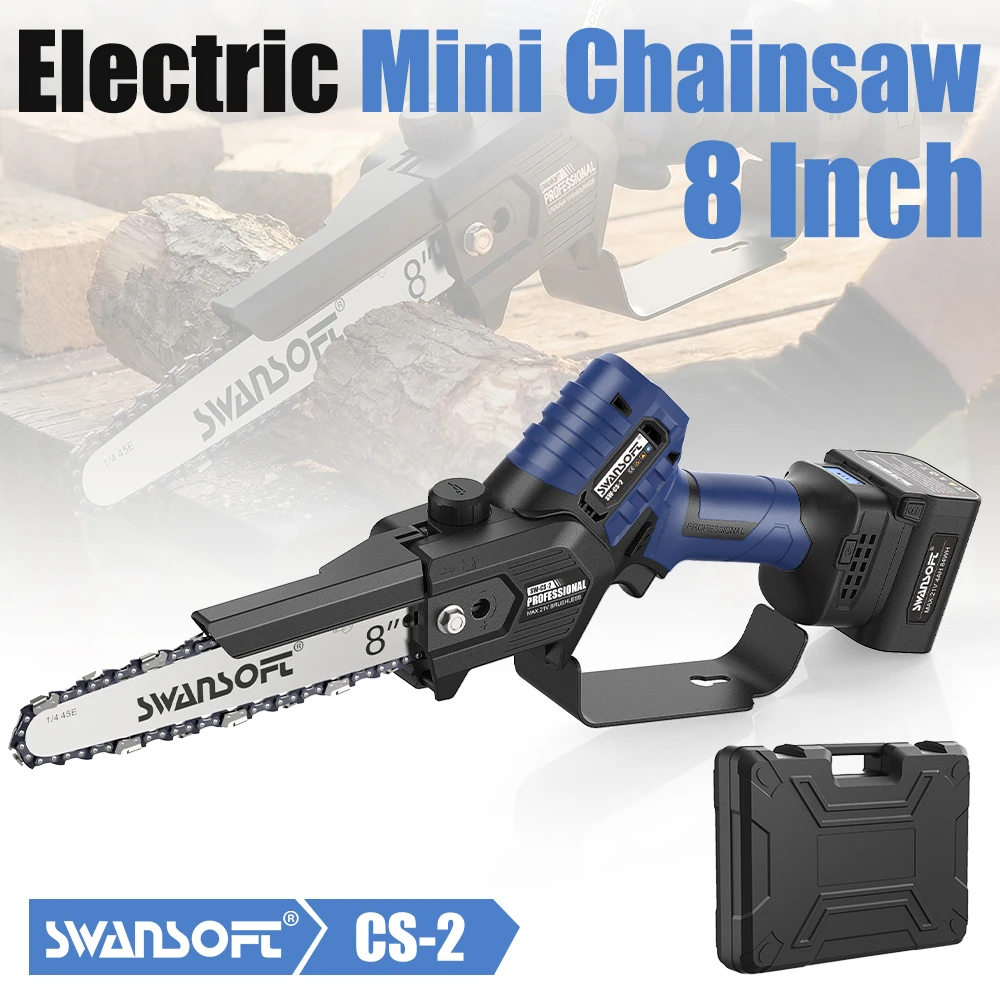 SWANSOFT 8-Zoll Elektrische Mini-Kettensäge CS-2 Bürstenlos 600W Astsäge Handgeführter Gartenschneider Elektrowerkzeug 21V Akku