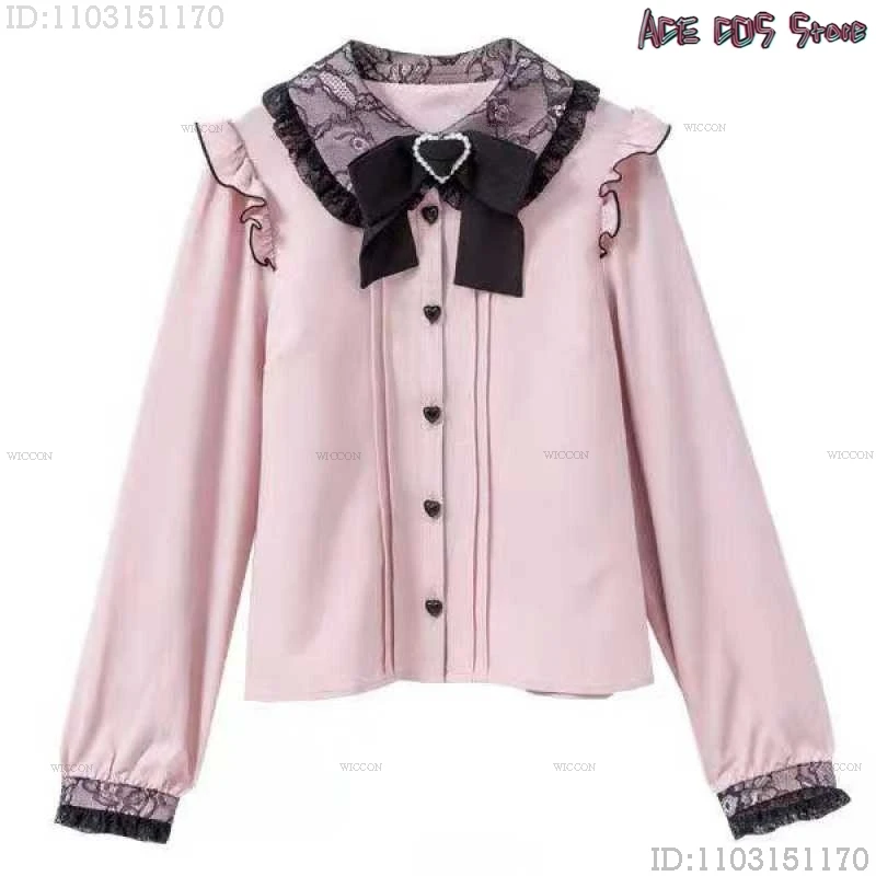 Jirai kei Lolita Girls Top Women Kawii Bow Blouse Pink Black White Blouse Long Sleeve Shirt Y2K Cute Sweet Japanese Student Suit