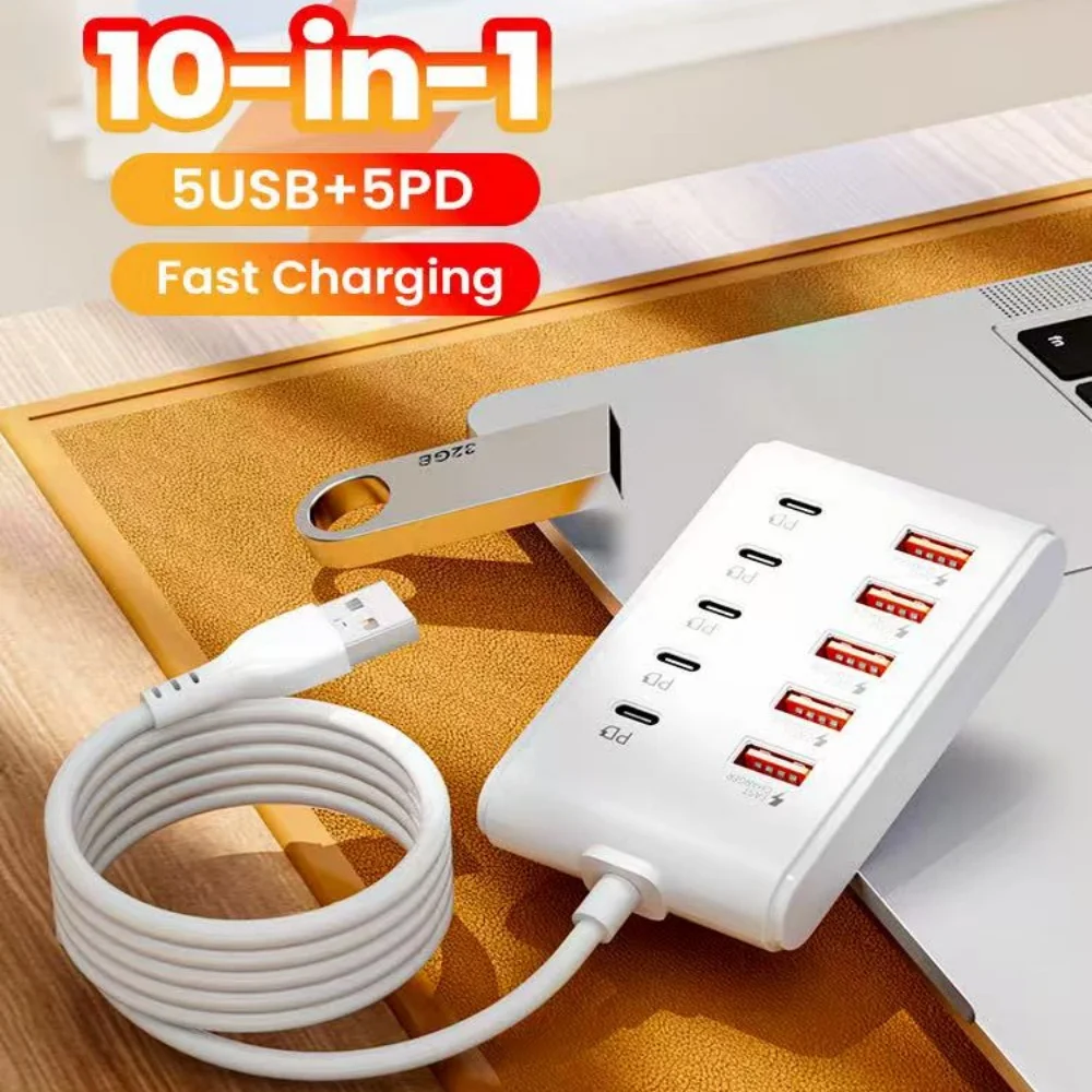 10-Port USB Charger Type C Expander Fast Charger Power Strip Desktop Charging