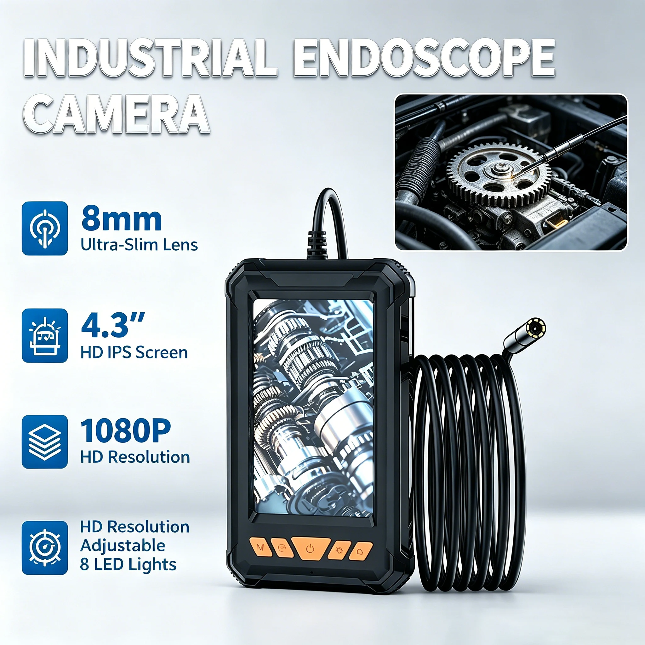 Endoscope Camera 4.3 Inch 1080P Full HD Borescope Camera With 8 LEDs  IP67 Waterproof Automotive Endoscopic Camera For Sewer/Drain