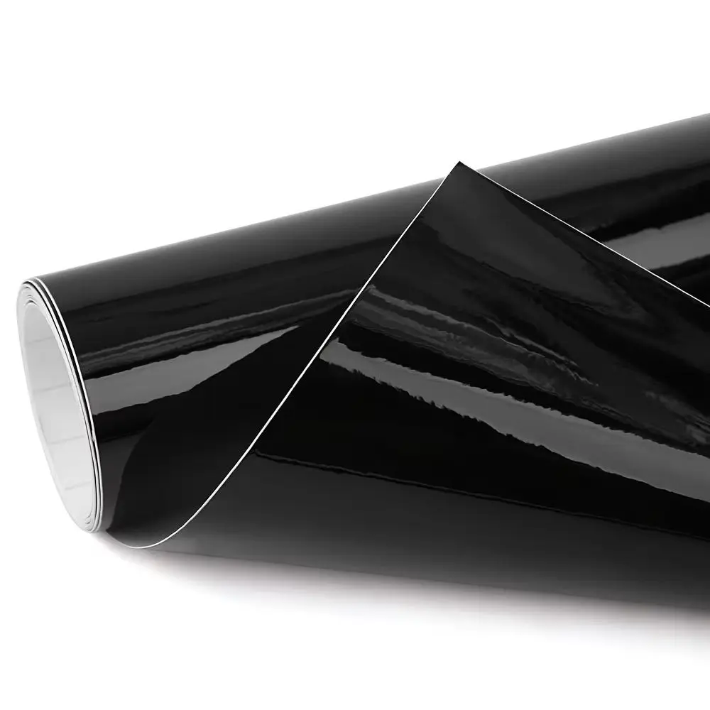 Glänzende schwarze PVC-Vinylfolie mit Luftkanälen, selbstklebend, DIY-Aufkleber für Auto, Motorrad, Möbeldekoration