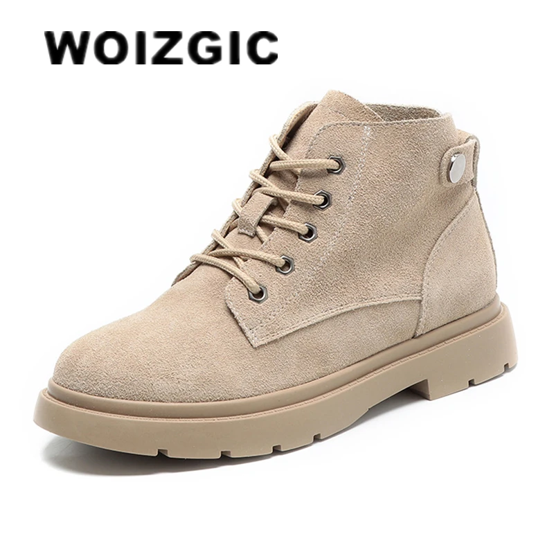 WOIZGIC Women\'s Ladies Female Suede Genuine Leather Shoes Boots Platform Ankle Lace Up Fur Plush Autumn Spring Retro Winter