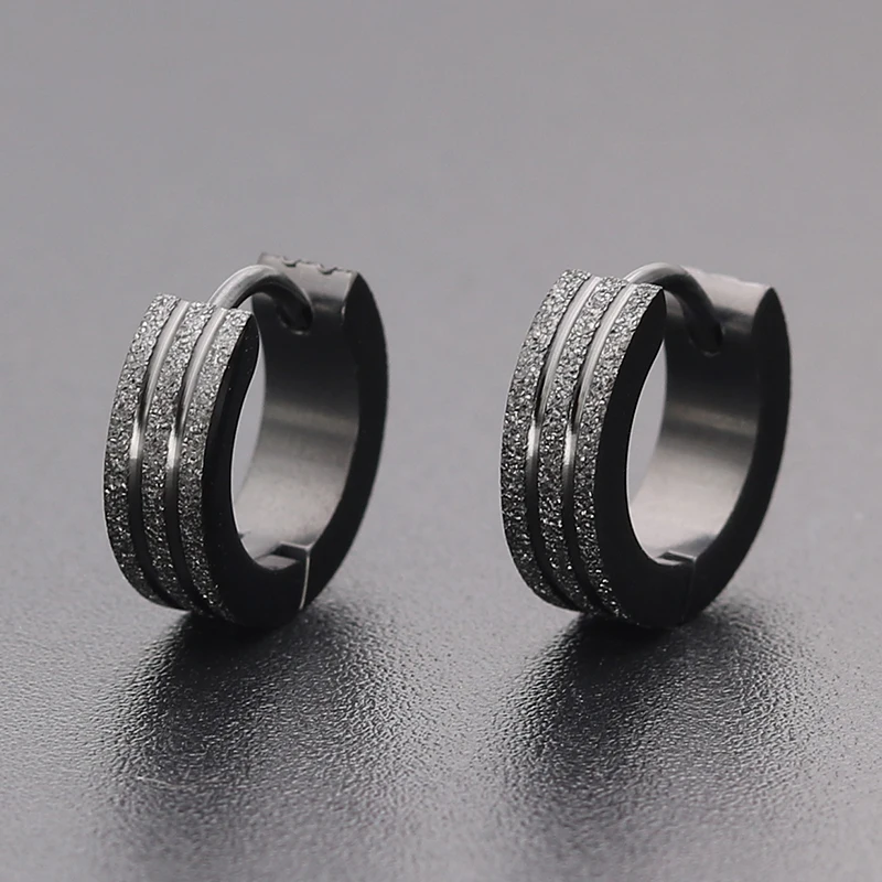 Gothic Fashion Frosted Hoop Earring With Black Stone Cool Earrings Men Stainless Steel Jewelry Women 2024Trend Earring For Teens
