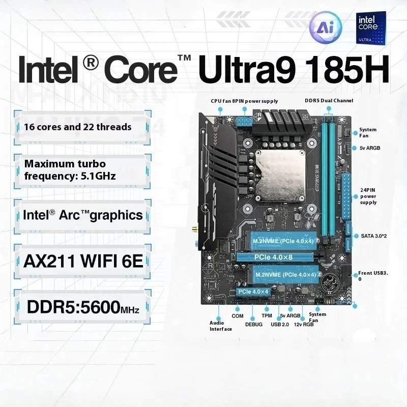 ERYING Core Ultra5 125H Ultra7 155H Ultra9 185H اللوحة الأم رقاقة 2 * DDR5 NVME PCIE4.0 لتقوم بها بنفسك لوحة رئيسية لألعاب الكمبيوتر