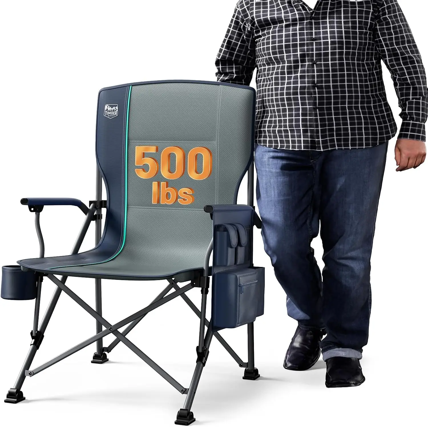 

Oversized Folding Camping Chair with High Back, 500lb Capacity, Cup Holder & Side Pocket Cooler Bag