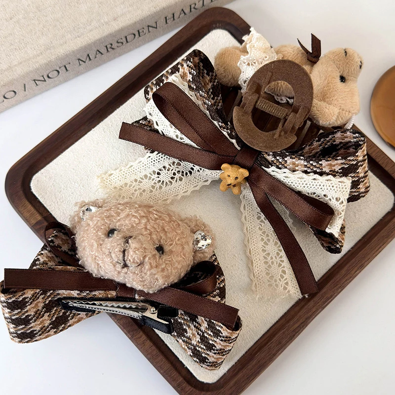 الحلو الفتيات متقلب Bowknot النسيج الفن دبابيس الشعر لطيف الكرتون الدب مشبك شعر كليب ريترو ستايل الشعر الديكور للمرأة