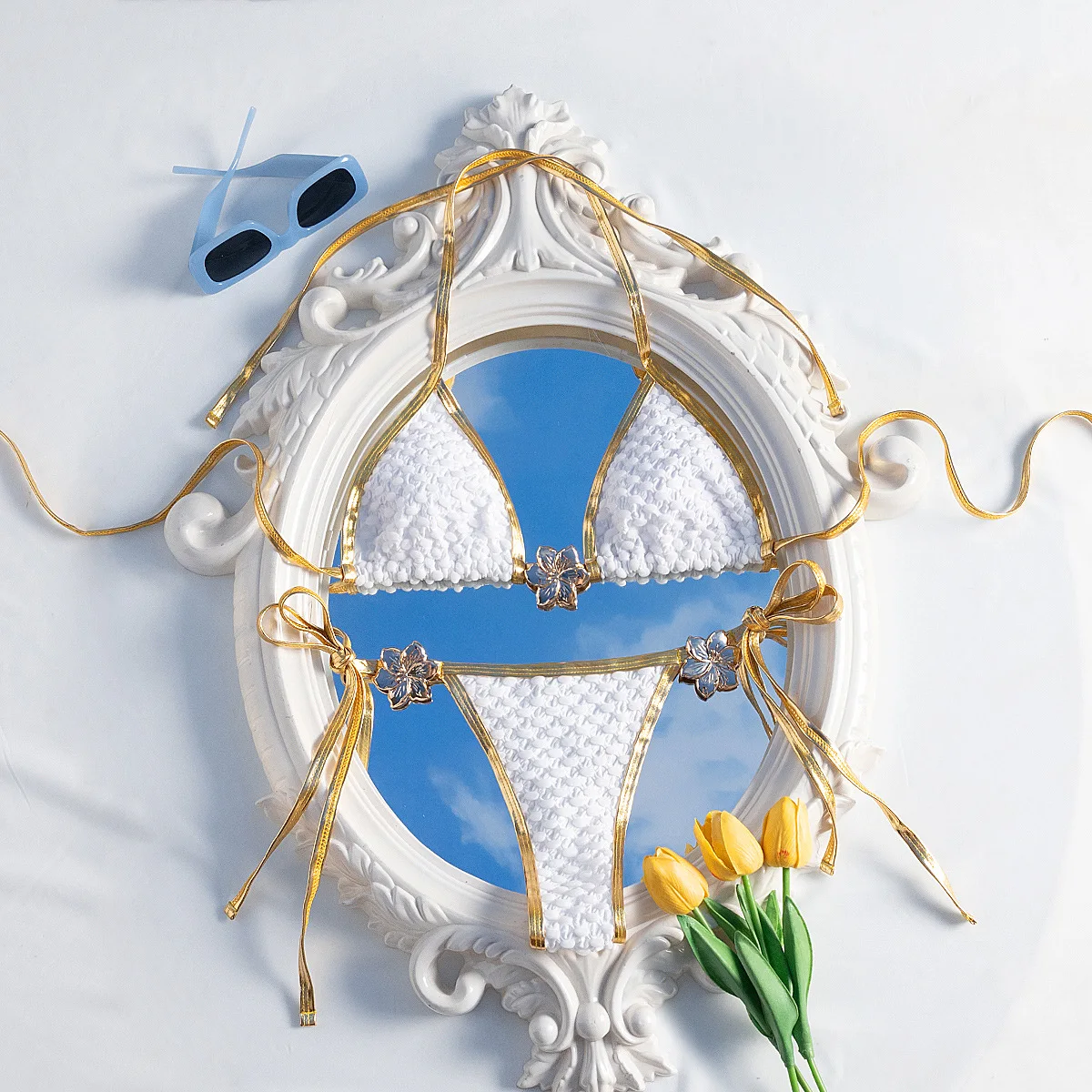 

sexy 3d metal flower wrinkled halter tie bikinis sets two pieces thong swimsuit bathing suit beach outfits swimwear biquini