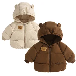 Jaqueta de algodão grosso para meninos e meninas, casaco de bebê, roupas infantis, blusa com capuz, traje coreano, urso bonito, inverno, 1-6 anos