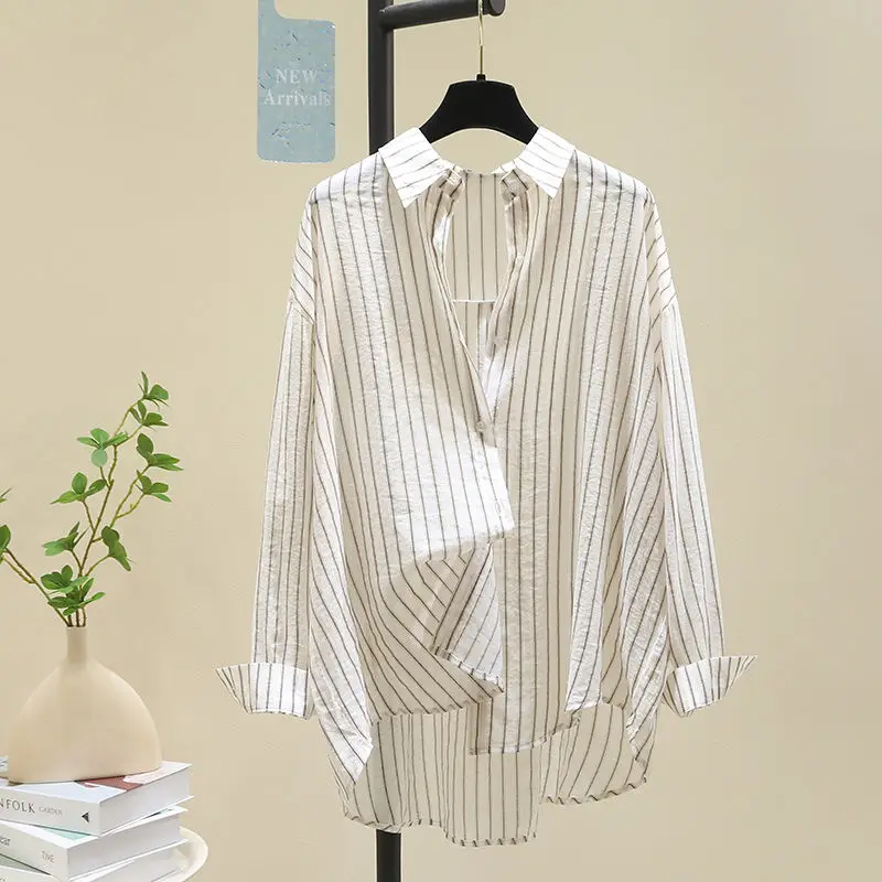 New Summer Women Fashion Striped Print Sunscreen Shirt Lapel Long Sleeve Tunic Blouse Casual Streetwear Oversized Irregular Tops